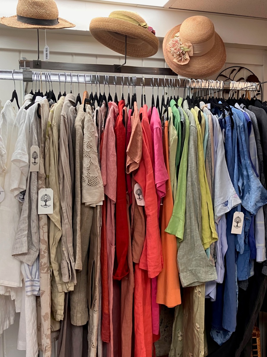 Rack of linen clothing in Mothertree Vintage shop